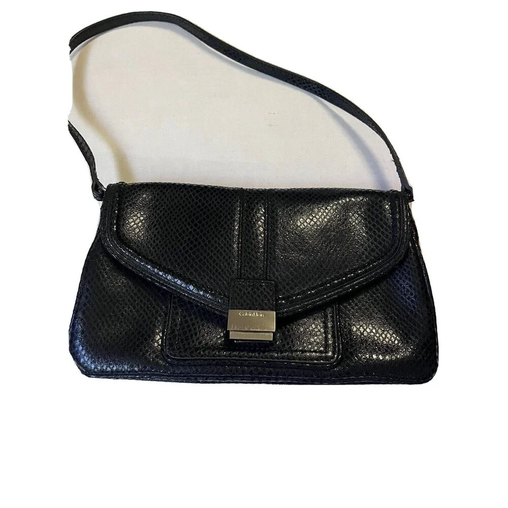 Calvin Klein Vintage Black Leather SnakeSkin Flap Shoulder HandBag with Mirror